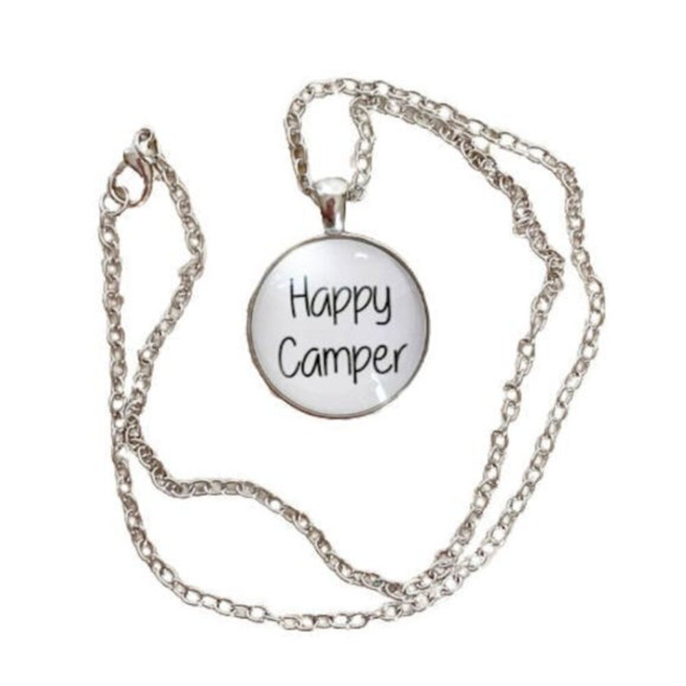 New HAPPY CAMPER Necklace White Round Glass Dome with Silver Chain Simple Fun